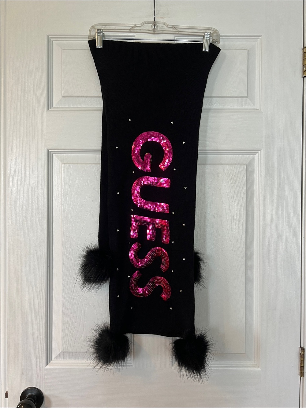 Guess Black Scarf with Hot Pink Sequin Logo and Black Fur Pom-Poms